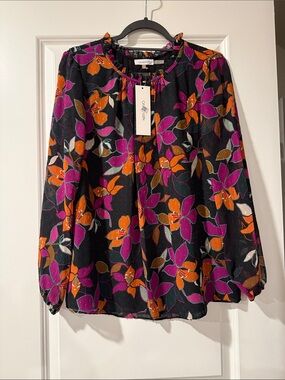 Calvin Klein Black Floral Long-Sleeve Blouse with Pink & Orange Blooms